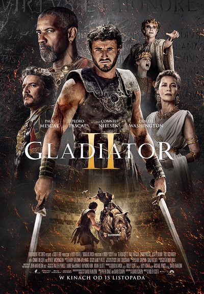 Plakat filmu "Gladiator II" wyświetlanego w GO KINO Oława, przedstawiający głównych bohaterów i epickie sceny akcji, premiera 15 listopada