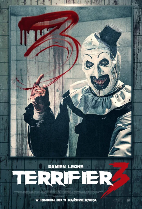 Plakat filmu Terrifier 3, przedstawiający klauna Arta z krwawą cyfrą 3, premiera w GO KINO Oława 18 października 2024.