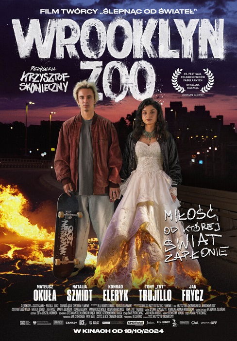 Plakat filmu "WROOKLYN ZOO" w GO KINO Oława – miłość, od której świat zapłonie. Reżyser Krzysztof Skonieczny. W rolach głównych Mateusz Okuła, Natalia Szmidt. Premiera 18 października 2024.