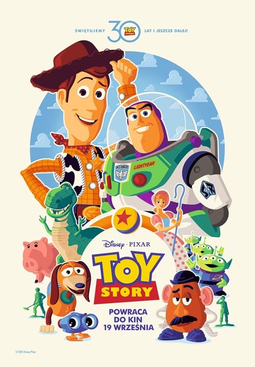 Plakat promujący 30. rocznicę filmu "Toy Story", wyświetlanego w GO KINO Oława. Przedstawia głównych bohaterów: kowboja Chudego i kosmicznego Buzza Astrala, stojących na tle pokoju dziecięcego, z uśmiechem na twarzy. Plakat jest jasny, kolorowy i nawiązuje do oryginalnej, filmowej grafiki, z widocznym logo 30-lecia.
