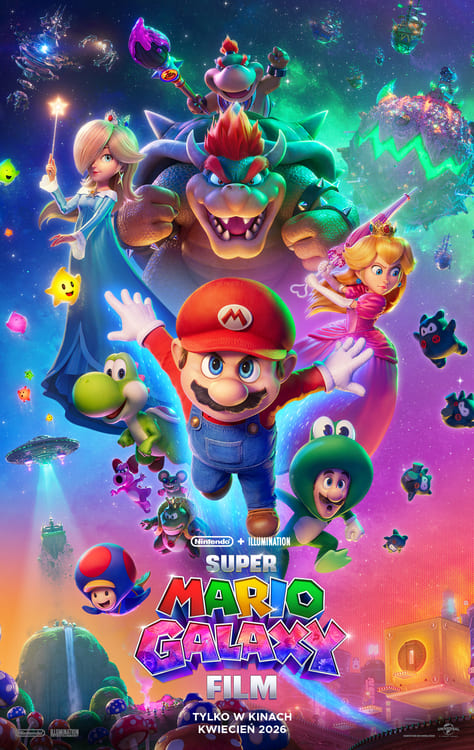 Kolorowy plakat filmu animowanego Super Mario Galaxy przedstawiający Mario, Peach, Luigi w stroju żaby oraz Bowsera na tle kosmosu. Już od kwietnia w GO KINO Oława.