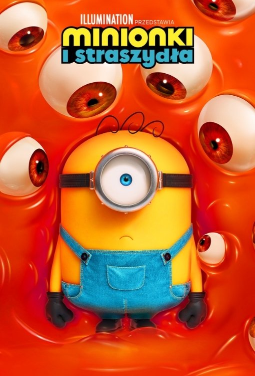Plakat filmu Minionki i straszydła z jednookim Minionkiem otoczonym czerwonymi oczami potworów.