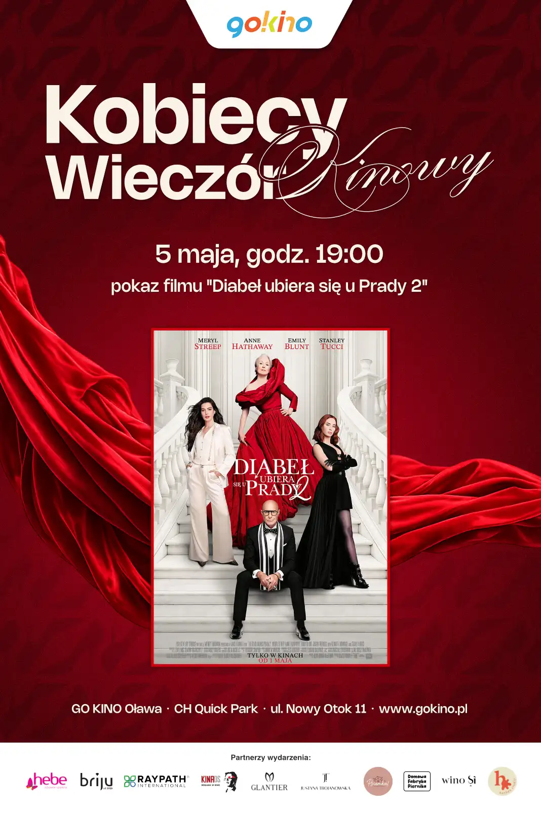 Plakat „Kobiecy Wieczór Kinowy” w GO KINO Oława – 5 maja, godz. 19:00, pokaz filmu „Diabeł ubiera się u Prady 2”. U dołu logotypy partnerów wydarzenia.