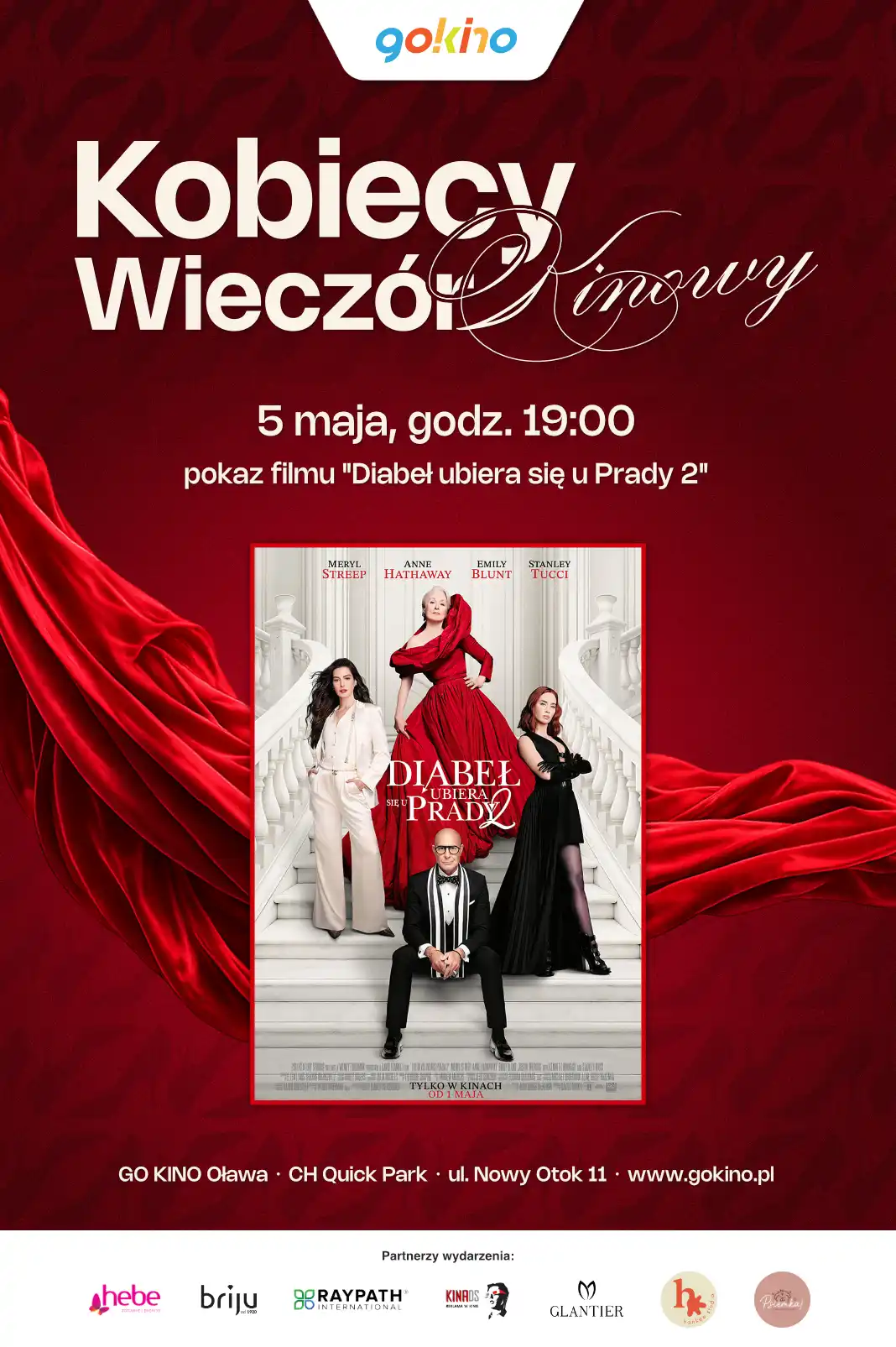 Plakat „Kobiecy Wieczór Kinowy” w GO KINO Oława – 5 maja, godz. 19:00, pokaz filmu „Diabeł ubiera się u Prady 2”. U dołu logotypy partnerów wydarzenia.