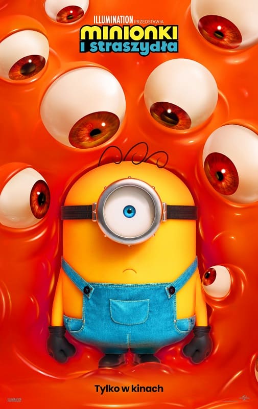 Plakat filmu Minionki i straszydła z jednookim Minionkiem otoczonym czerwonymi oczami potworów.