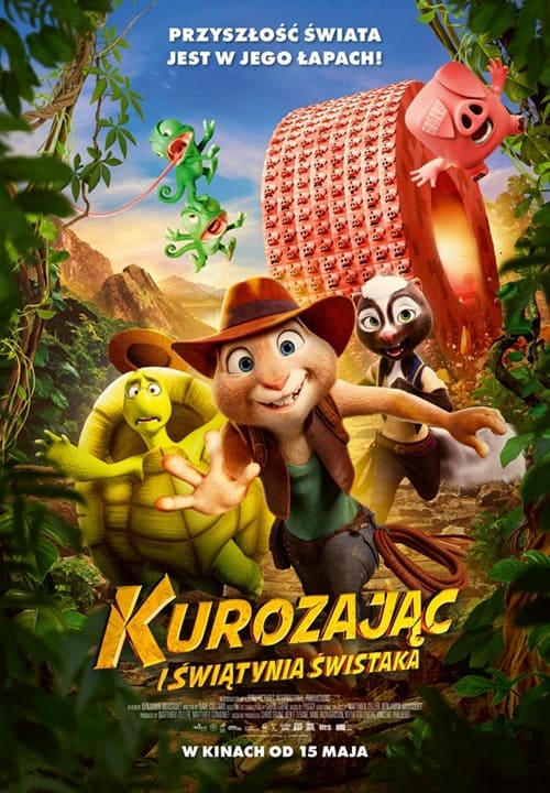 Plakat przedstawia trójkę głównych bohaterów: uśmiechniętego Kurozająca w brązowym kapeluszu, zaniepokojonego żółwia w skorupie oraz pewną siebie skunksicę. W tle widać egzotyczną roślinność, góry oraz dwa kameleony i różową świnkę lecącą w powietrzu.