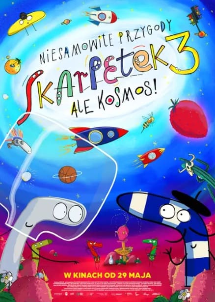 Kolorowy plakat animacji Niesamowite przygody skarpetek 3 przedstawiający skarpetki w przestrzeni kosmicznej z rakietami i owocami w GO KINO Oława.