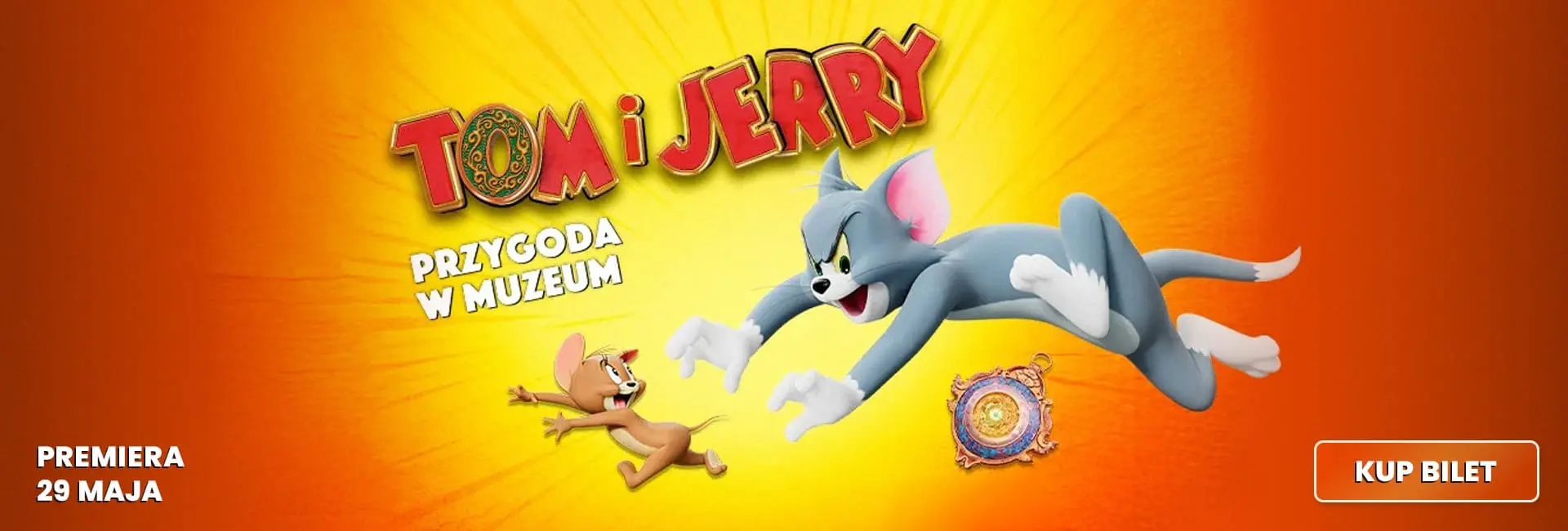 Baner „Tom i Jerry: Przygoda w muzeum” – premiera 29 maja, przycisk „Kup bilet”, GO KINO Oława