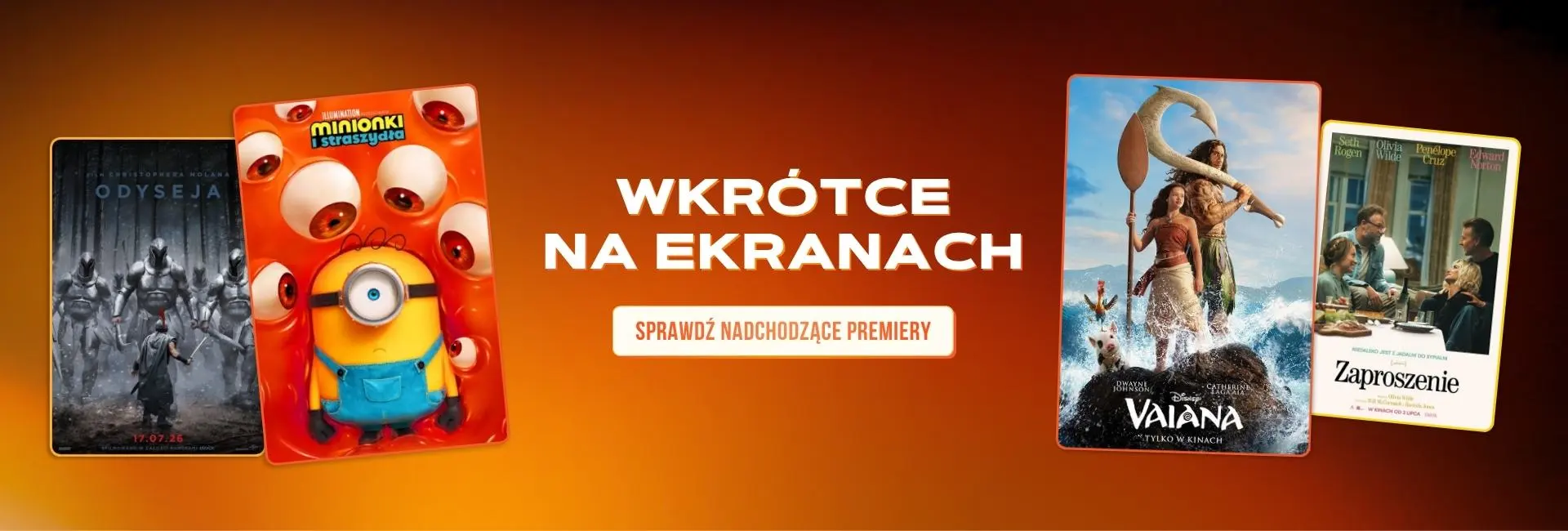 Baner „Wkrótce na ekranach” – zapowiedzi filmów „Odyseja”, „Minionki i straszydła”, „Vaiana” i „Zaproszenie”, GO KINO Oława