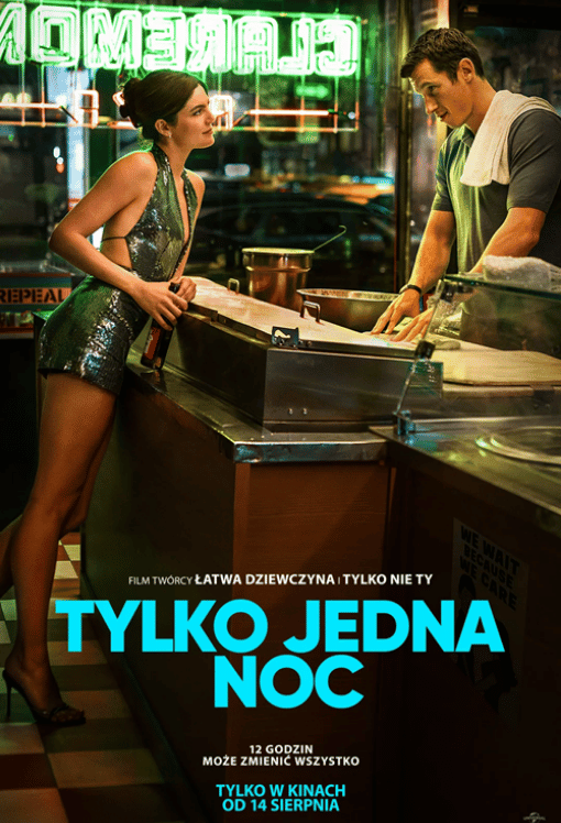 Kobieta w błyszczącej sukience i mężczyzna za ladą na plakacie filmu Tylko jedna noc GO KINO Oława
