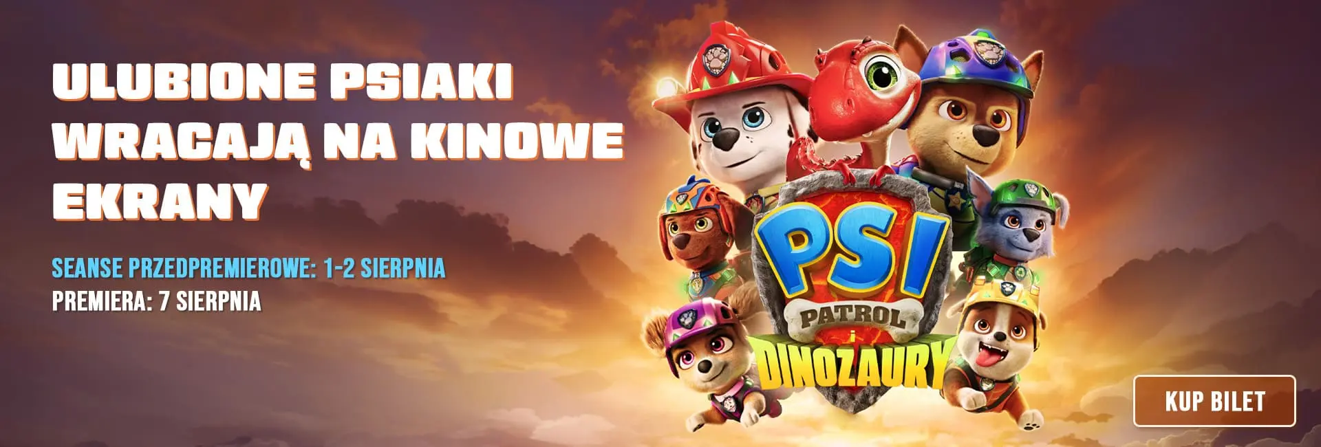 Baner filmu „Psi Patrol: Dinozaury” – seanse przedpremierowe 1–2 sierpnia, premiera 7 sierpnia, GO KINO Oława