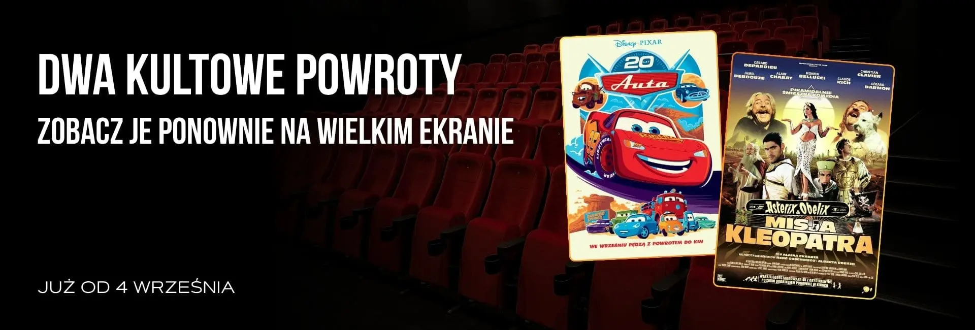 Baner „Dwa kultowe powroty” – filmy „Auta” i „Asterix i Obelix: Misja Kleopatra” od 4 września, GO KINO Oława