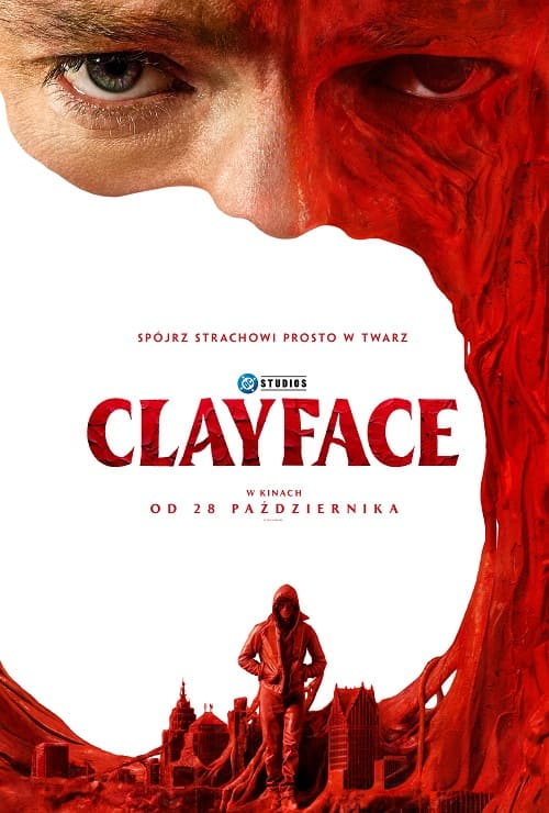 Twarz mężczyzny i czerwona plastyczna masa nad miastem Clayface GO KINO Oława