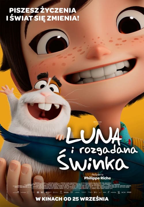 Plakat filmu Luna i rozgadana świnka przedstawiający roześmianą dziewczynkę i puszystą świnkę morską, seans w GO KINO Oława.