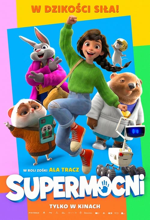 Plakat filmu Supermocni przedstawiający uśmiechniętą dziewczynę w zielonym swetrze oraz kreskówkowe zwierzęta w GO KINO Oława.