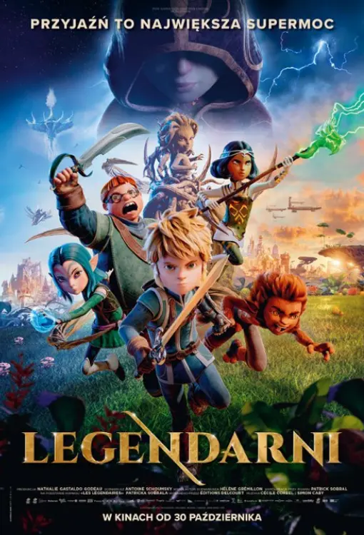 Kolorowy, dynamiczny plakat filmu animowanego „Legendarni” w GO KINO Oława, przedstawiający grupę młodych, fantastycznych bohaterów w bojowych pozach na tle magicznego świata i nieba z błyskawicami.