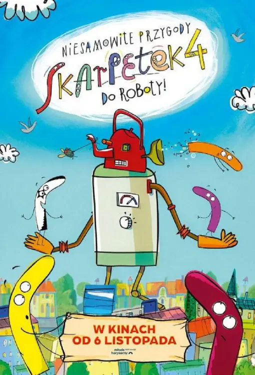 Rysunkowy plakat filmu Niesamowite przygody skarpetek 4: Do roboty! z maszyną z czajnikiem zamiast głowy i postaciami kolorowych skarpetek – GO KINO Oława
